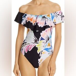 Trina Turk Off Shoulder Ruffle One Piece Swimsuit - Seychelles Multicolor